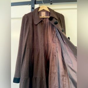 Nanette Lenore plum tiered coat with velvet cuffs and buttons